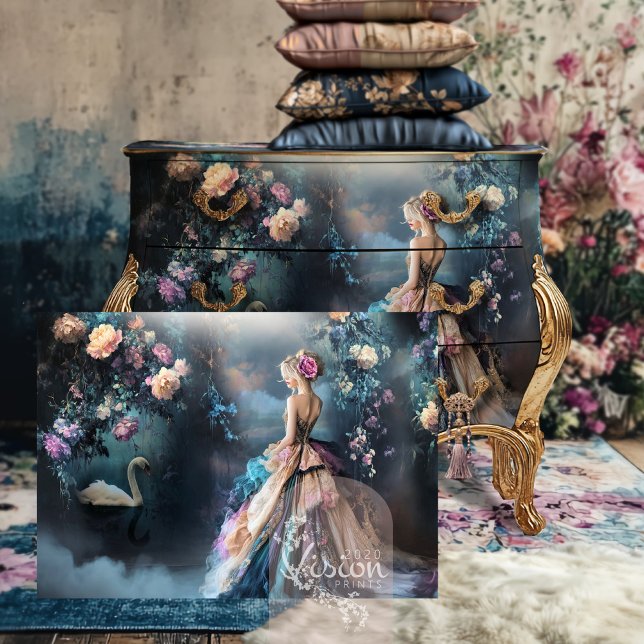 Abend Spaziergang Portrait & Swan Dark Floral Fant Seidenpapier ("Evening Stroll" French Woman, Ethereal Floral & Swan, Misty Lake Landscape,  Decoupage Art Paper)