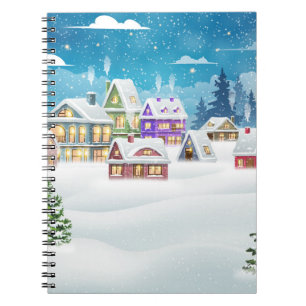 Abend-Winterdörferlandschaft mit schneebedeckter F Notizblock
