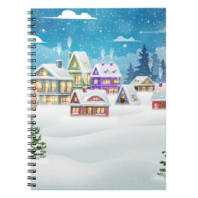Abend-Winterdörferlandschaft mit schneebedeckter F Notizblock (Vorderseite)