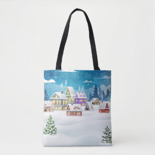 Abend-Winterdörferlandschaft mit schneebedeckter F Tasche