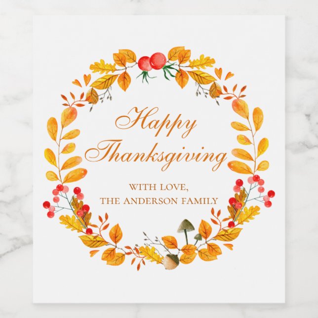 Abendessen am Erntedank. Herbstkranz Weinetikett (Einzelnes Label)