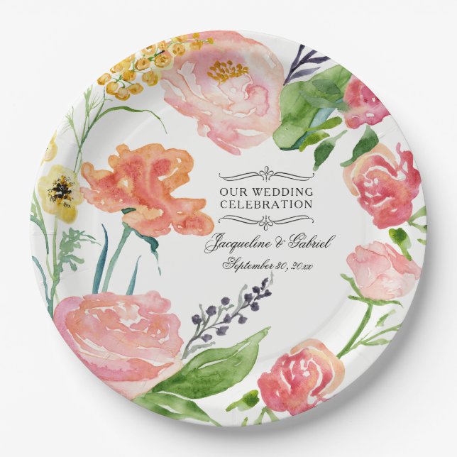 Abendessen Hochzeitsempfang Wasserfarben Rose Pappteller (Vorderseite)