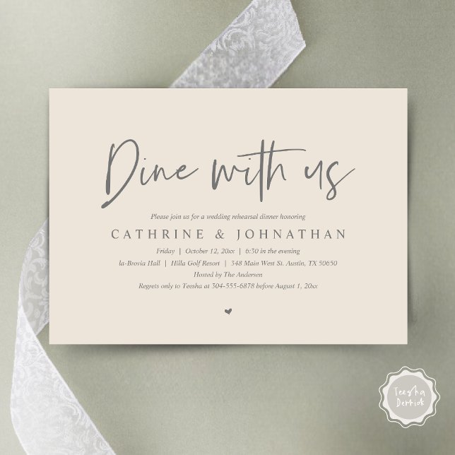 Abendessen mit uns, Hochzeit Probe Dinner Einladung (Dine with us, Modern Wedding Rehearsal Dinner Party Invitation Card, PDF, in Cream and Grey)