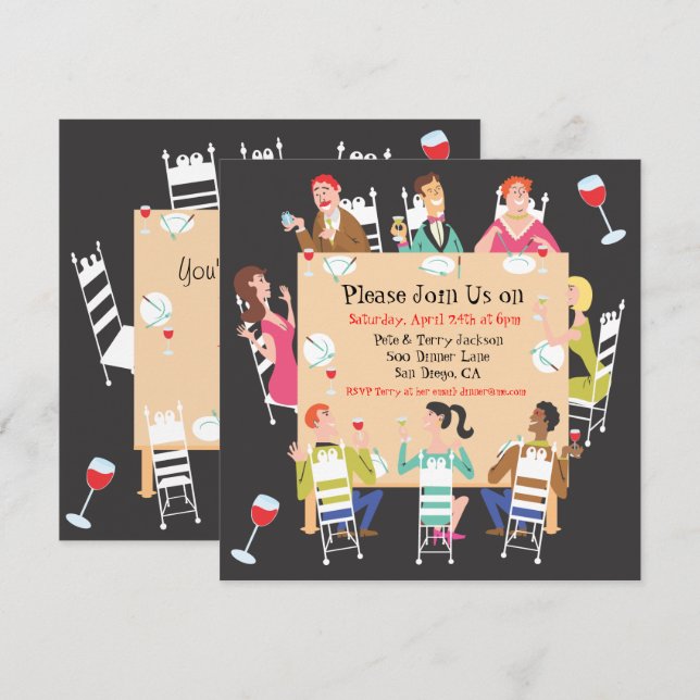 Abendessen Party Einladung mit Tisch und Freunden (Vorne/Hinten)