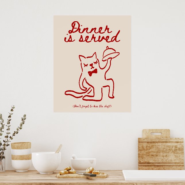 Abendessen serviert Rot & Beige Minimal Katzenpost Poster (Küche)