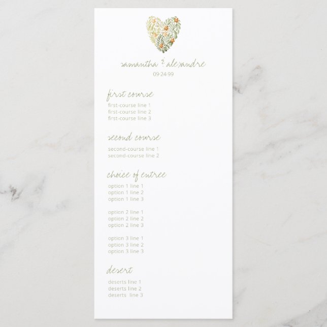 Abendessen & Tanzen Blumengrün Hochzeitsempfang Menükarte (Vorderseite)