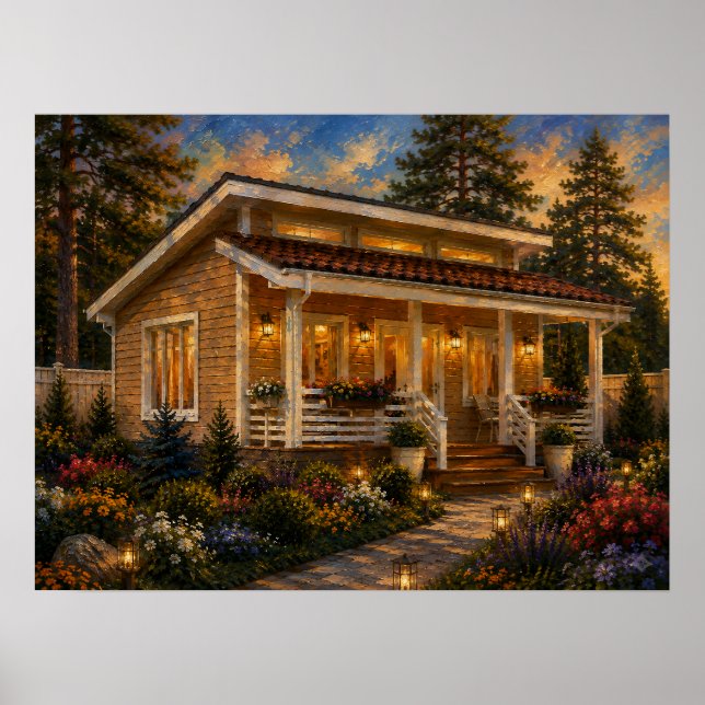 Abendglanz Cottage Garten Ölmalerei Poster (Vorne)