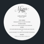 Abendmenü für das Plättchen Menükarte<br><div class="desc">Moderne und elegante Design bedruckte Calligraphy Round Wedding Dinner Menu Card For Plate, die mit Ihrem Text angepasst werden kann. Karo im Grafikdesign-Store für andere Produkte, die diesem Design entsprechen!</div>
