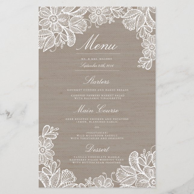 Abendmenü für Hochzeiten in Burlap und Lace (Vorderseite)