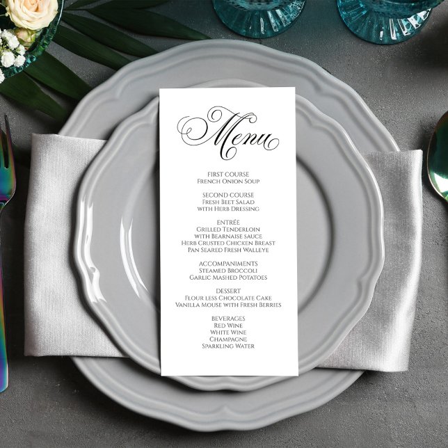 Abendmenü mit schwarzer und weißer Hochzeitskallig Menükarte (Elegant calligraphy script wedding reception menu card. )