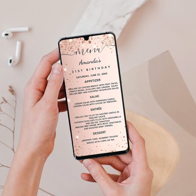 Abendmenü Rose Gold Glitzer Karte (Von Creator hochgeladen)