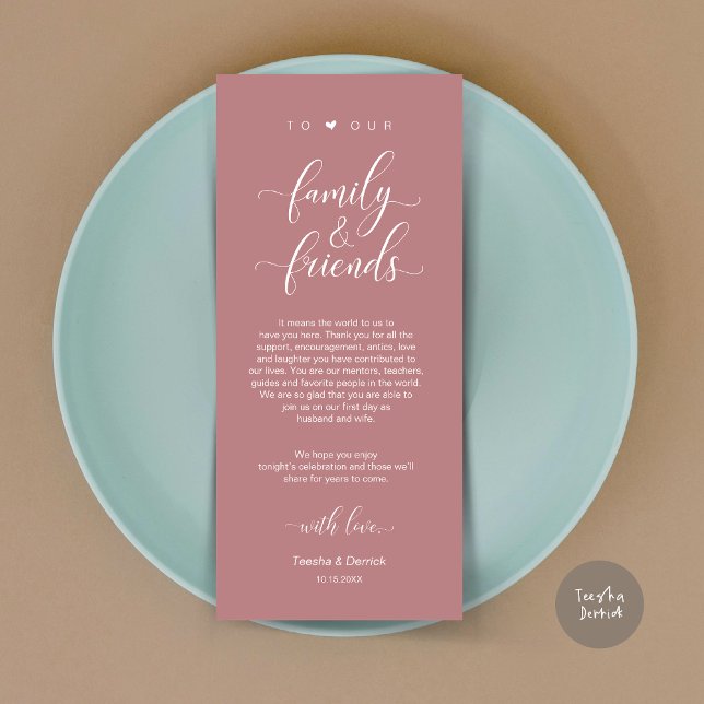Abendplatzwand Danke, Dusty Rose Card Programm (Dinner Place Setting Thank You Card, Modern Classy Wedding, in Dusty Rose Pink)