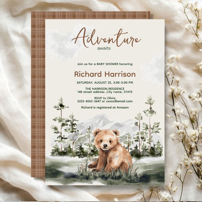 Abenteuer awawaatercolor wald gebären Baby-Dusche Einladung (Adventure awaits cute watercolor bear, green forest, woodland theme baby shower invitation )