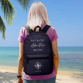 Abenteuer beginnt Dunkelblau Reisen Personalisiert Bedruckter Rucksack