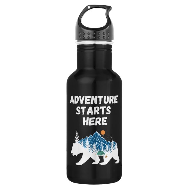 Abenteuer beginnt hier Silhouette Camping Edelstahlflasche (Vorderseite)