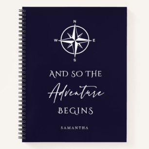Abenteuer beginnt Personalisierte Dunkelblaureise Notizbuch