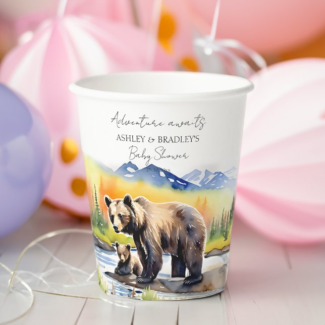 Abenteuer erwartet Bärenkuppe mit Mama Baby Dusche Pappbecher (Adventure awaits bear cub and mama bear baby shower tableware personalized paper cups watercolor)