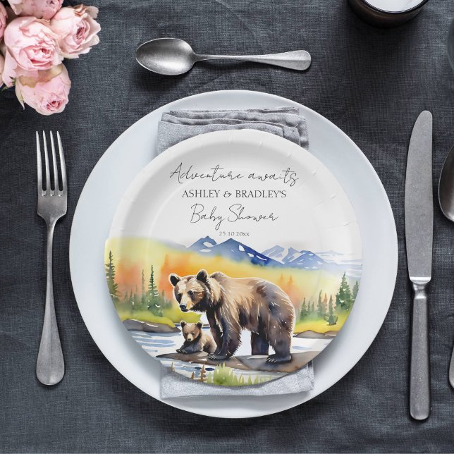 Abenteuer erwartet Bärenkuppe mit Mama Baby Dusche Pappteller (Adventure awaits national parks themed baby shower tableware personalized plates cute mam bear cub)