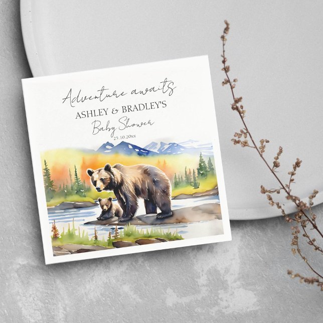 Abenteuer erwartet Bärenkuppe mit Mama Baby Dusche Serviette (Adventure awaits national park themed baby shower tableware personalized napkins mam bear cub bear )