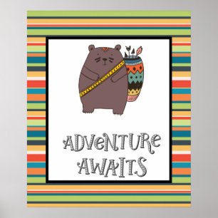 Abenteuer erwartet Boho-Bären-Kinderzimmer-Kunst Poster