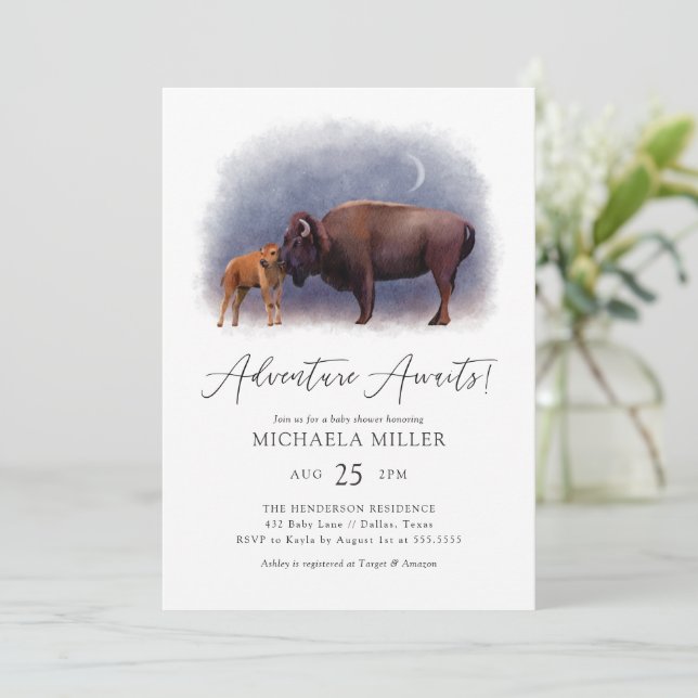 Abenteuer erwartet Boho Bison Desert Baby Shower Einladung (Stehend Vorderseite)