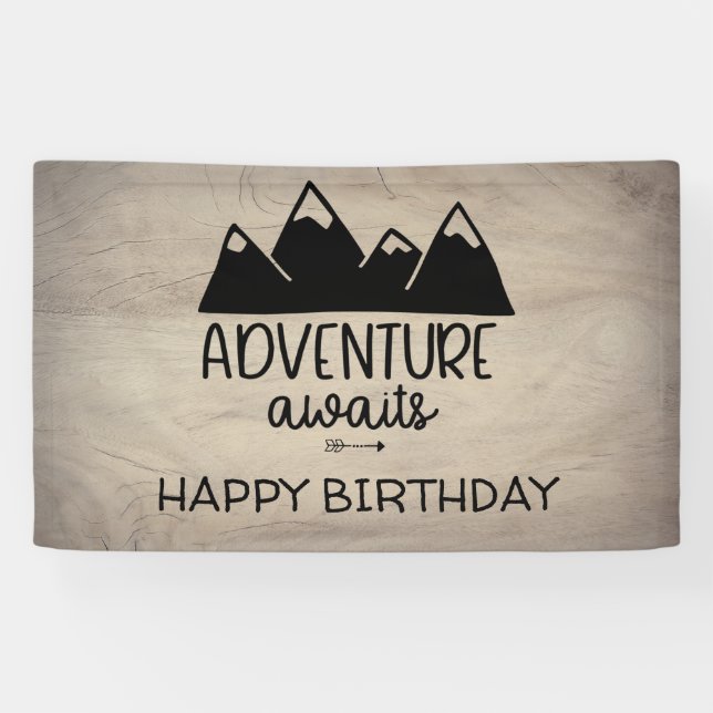 Abenteuer erwartet Geburtstag | Rustikales Holz Banner (Horizontal)