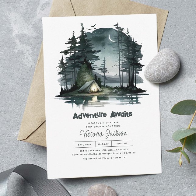 Abenteuer erwartet Night Sky Nature Baby Shower Einladung (Adventure Awaits! Night Camping Scene Beautiful Baby Shower Invitations)