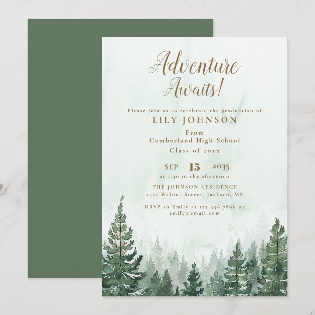 Abenteuer erwartet Pine Tree Forest Graduation Par Einladung (Vorne/Hinten)