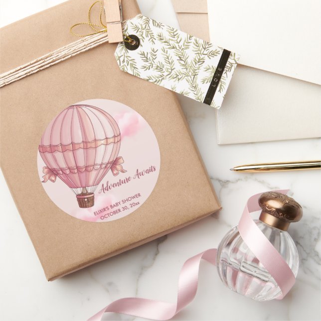 Abenteuer erwartet Pink Hot Air Ballon Baby Dusche Runder Aufkleber (Schenken)
