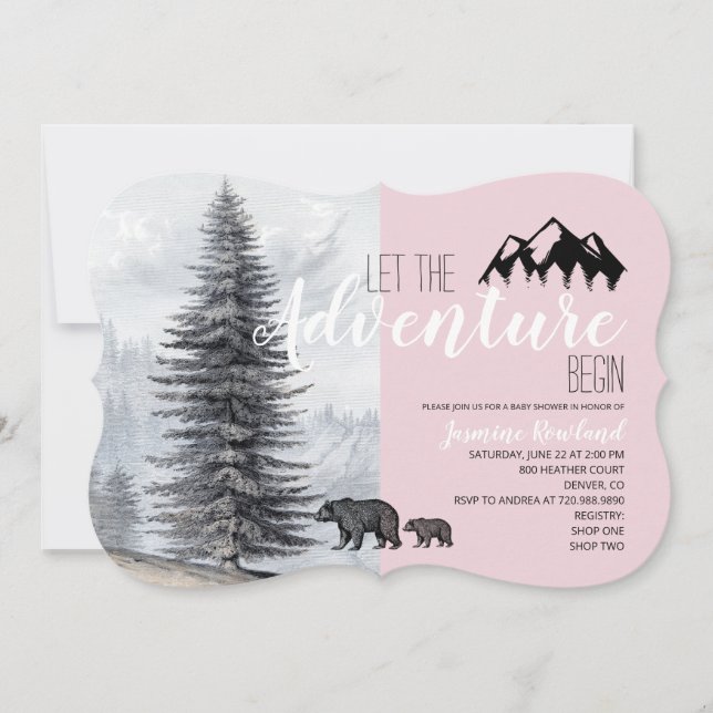 Abenteuer erwartet Pink Woodland Bears Baby Dusche Einladung (Vorderseite)