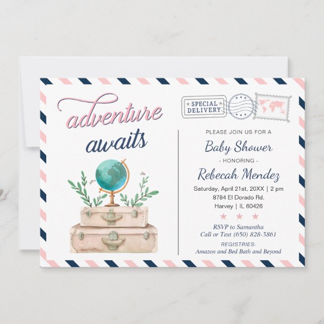Abenteuer erwartet Travel Baby Dusche Navy Pink Einladung (Vorderseite)