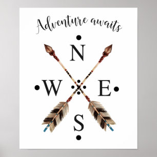 Abenteuer erwartet Typografie-Tribal Arrows Compas Poster