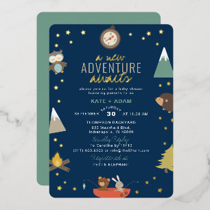 Abenteuer erwartet Waldjunge Navy Baby Shower Folieneinladung