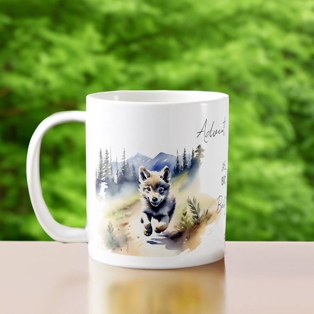 Abenteuer erwartet Wolfenkuchen mit Babyduschfavor Kaffeetasse (Wolf cub adventure awaits baby shower favors personalized coffee mug watercolor cute wolf cub)
