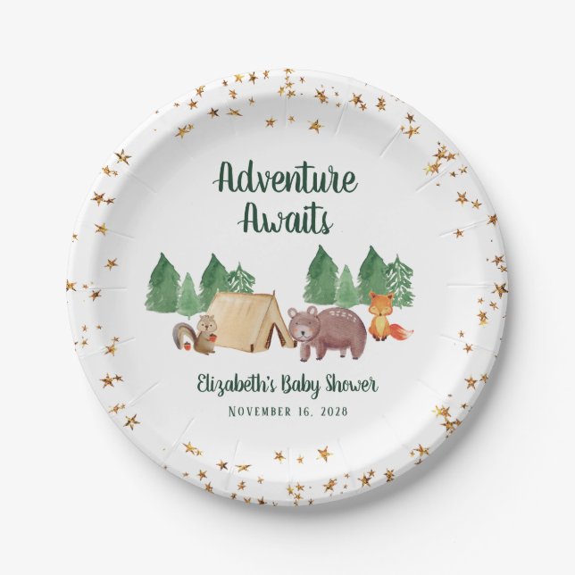 Abenteuer erwartet Woodland Animals Baby Shower Pappteller (Vorderseite)