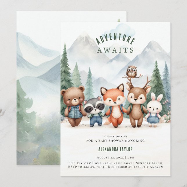 Abenteuer erwartet Woodland Animals Boy Baby Showe Einladung (Vorne/Hinten)