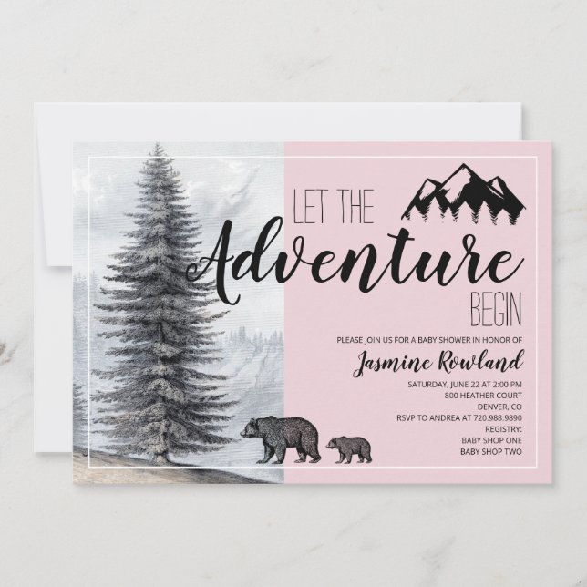 Abenteuer erwartet Woodland Bear Pink Baby Dusche Einladung (Vorderseite)
