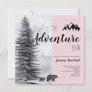 Abenteuer erwartet Woodland Bear Pink Baby Dusche  Einladung