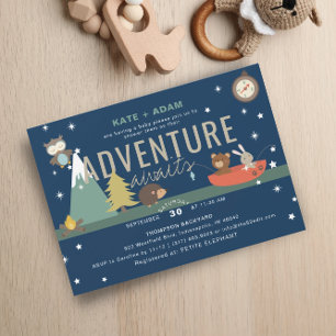 Abenteuer erwartet Woodland Boy Navy Baby Shower Einladung