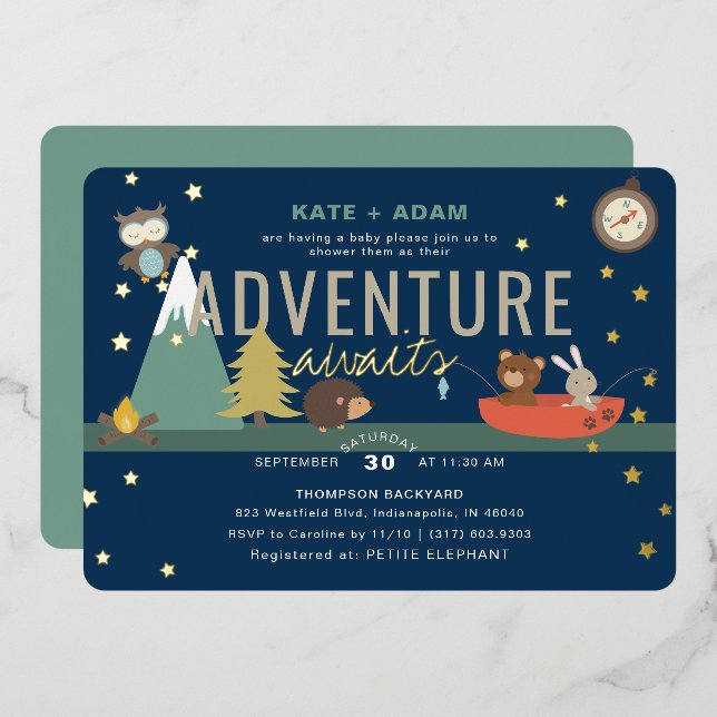 Abenteuer erwartet Woodland Boy Navy Baby Shower Folieneinladung (Vorderseite/Rückseite)