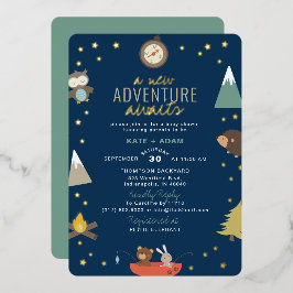 Abenteuer erwartet Woodland Boy Navy Baby Shower Folieneinladung