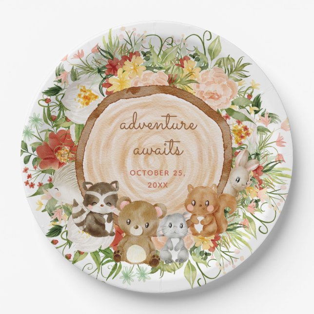 Abenteuer erwartet Woodland Creatures Baby Shower Pappteller (Vorderseite)