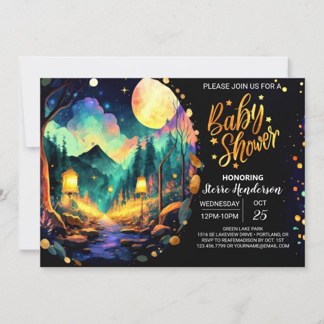 Abenteuer erwartet Woodland Magic Baby Shower Einladung (Vorderseite)