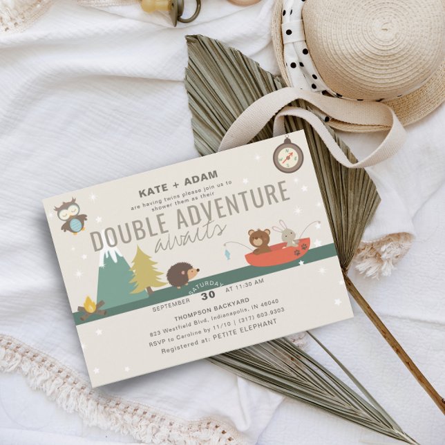 Abenteuer erwartet Woodland Twin Neutral Baby Show Einladung (Von Creator hochgeladen)