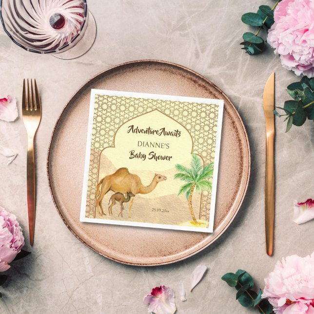 Abenteuer erwartet Wüste Baby Kamel Babydusche Serviette (Adventure awaits Arabian desert expats cute baby camel baby shower monogram  printed napkins)