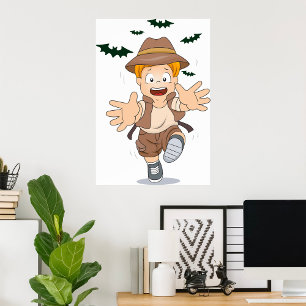 Abenteuer-Explorer-Kid läuft von Fledermäusen Poster