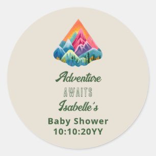 Abenteuer im Gebirge erwartet Baby-Party Runder Aufkleber