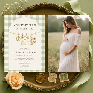 Abenteuer im Wald für Baby-Party erwartet Foto Einladung