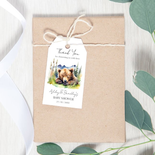 Abenteuer mit der Bärenpuppe erwartet die Babydusc Geschenkanhänger (Bearly wait bear cub adventure awaits baby shower favor gift tags cute baby bear thank you favor tag)