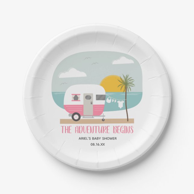 Abenteuer Pink Retro Beach Camper Girl Baby Dusche Pappteller (Vorderseite)